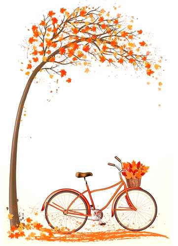 تابلو دوچرخه و برگ های پاییزی