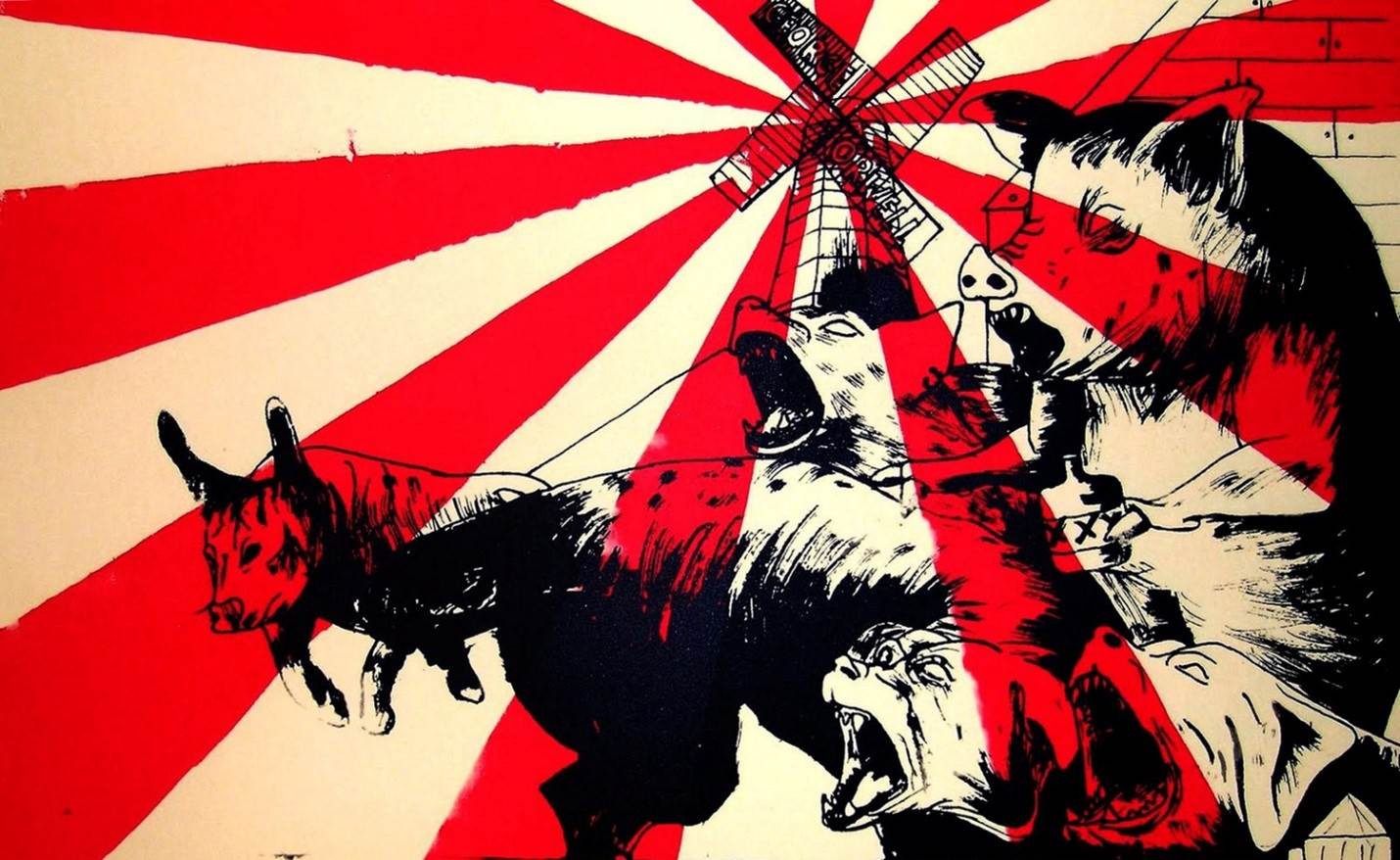 یک تصویرگری نمادی و سمبلیک از کتاب قلعه حیوانات که خوک ها را نمایش میدهد